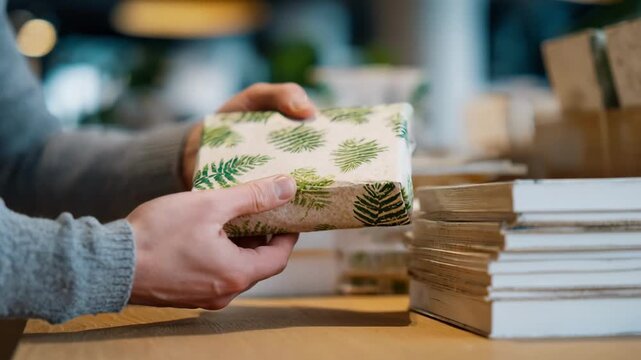 Medium shot of a person flipping through a book wrapped in plantbased biodegradable material with green leaf patterns representing natureinspired ecoconscious design.
