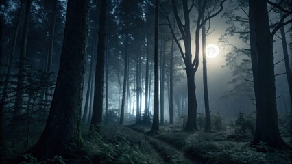 Fototapeta premium Mysterious Forest Path Under Moonlight with Eerie Sounds Surrounding