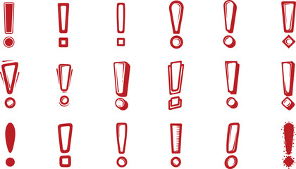 A collection of various red exclamation marks on a white background