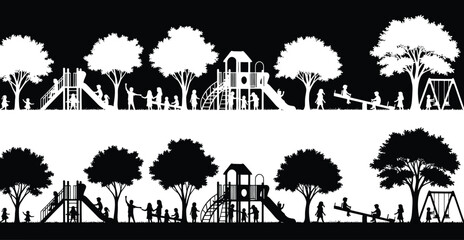 Fototapeta premium A black and white illustration of children playing on playground equipment surrounded by trees.