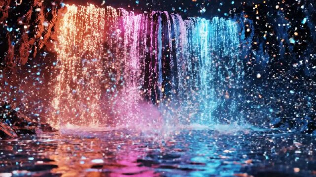 A vibrant waterfall cascading into a serene pool at dusk with colorful lights reflecting on the water's surface from a distant viewpoint