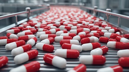 Obraz premium Red and White Capsules on Production Line in Pharmaceutical Manufacturing Facility