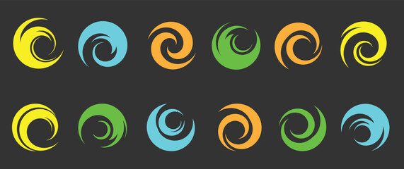 A collection of vibrant swirl logos in various colors on a dark background