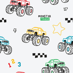 Playful Monster Trucks Seamless Background for Kids © atap