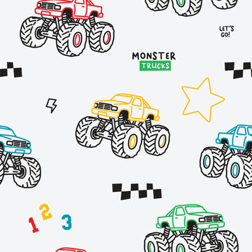 Playful Monster Trucks Seamless Background for Kids