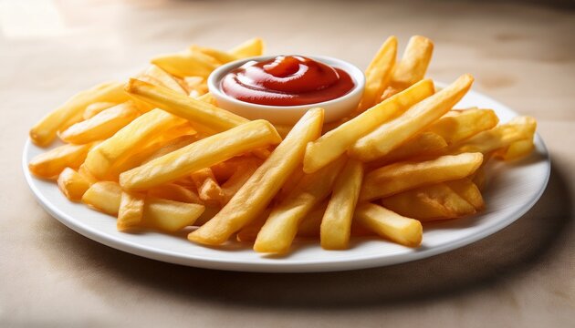crispy golden french fries with ketchup on white plate