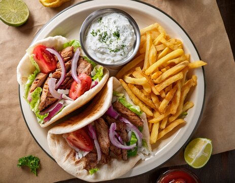 greek gyros platter and wrap served featuring fries tzatziki lettuce onions and tomatoes upon the brown paper background under natural daylight