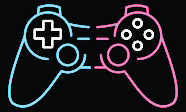 Neon glow gaming controllers, multiplayer video game, action now