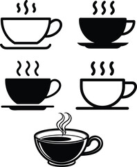 Obraz premium Various stylized icons representing cups of coffee and tea with steam in black and white outline and silhouette