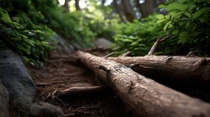 Fototapeta premium Fallen logs create natural obstacles on a sun d d forest hiking trail