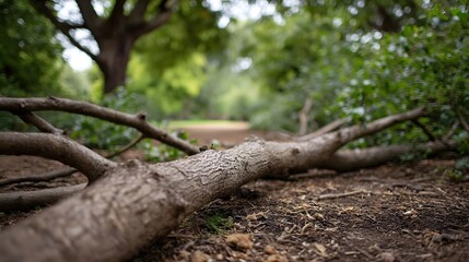 Obraz premium A fallen tree branch lies across a forest path obstructing the way forward in a natural woodland setting