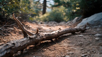 Obraz premium A dry fallen tree branch rests on a dirt trail in a sunlit forest presenting a natural obstacle