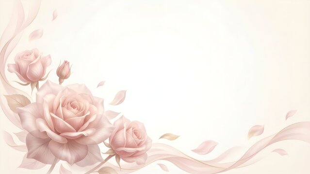 Elegant and graceful soft pink airy roses in a bottom left corner frame, roses and flowing abstract design corner frame with copy space
