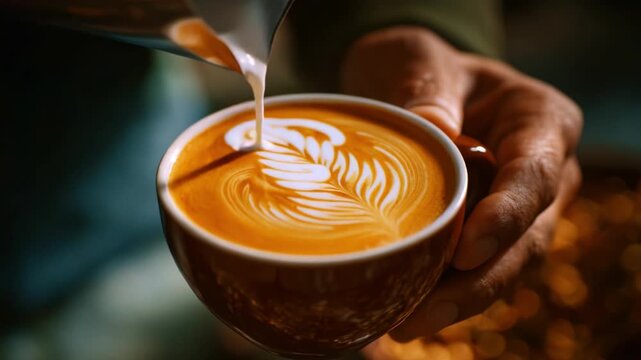 Crafting a Beautiful Latte Art Design with Skillful Precision in a Warm and Inviting Coffee Setting, Highlighting Creamy Textures and Rich Colors.
