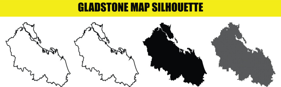 Gladstone map silhouette vector illustration, four styles of Australian city outline including solid fill, outline, and dotted patterns for design
