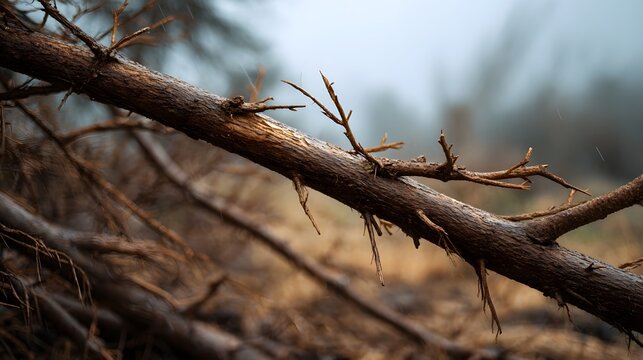 Close up view of a dry fallen tree branch with intricate twigs against a soft blurred natural background