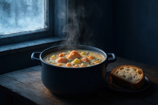 A steaming pot of salmon chowder sits by a frosted window creating a warm rustic meal scene with bread on the side