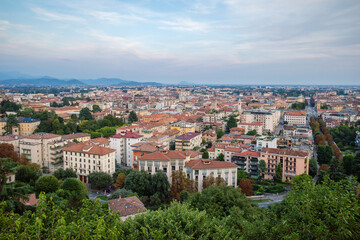 Fototapeta premium Elevated Panoramic View of Bergamo Lower Town Architecture and Cityscape at Sunset