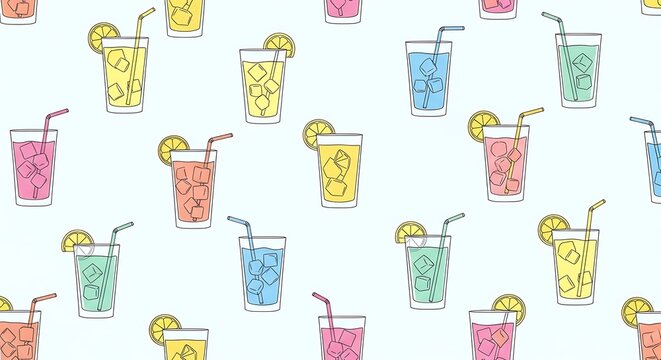 Colorful Refreshing Drinks Pattern with Lemon Slices and Straws.