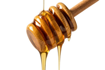 Golden honey dripping from a wooden dipper isolated on transparent background