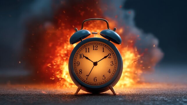 Vintage Alarm Clock Surrounded by Fire and Smoke in a Dramatic Scene