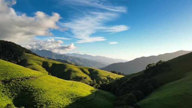 Rolling green hills and valleys under a bright blue sky with wispy clouds