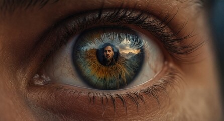 Fototapeta premium human eye, rugged landscape, mountains, sunset