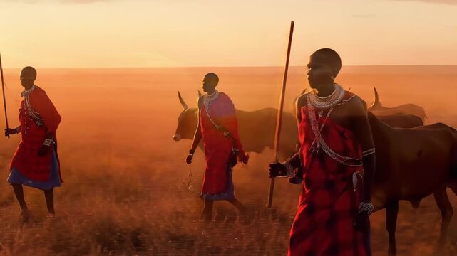 Maasai Herders Driving Cattle in Dust at Sunset African Culture