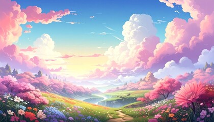 Fototapeta premium Dreamy pastel landscape with blooming cherry trees and fluffy clouds at sunrise