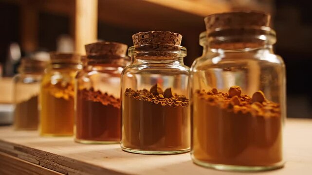 Traditional gulal pigments in glass jars ready for the indian festival of colors holi celebration