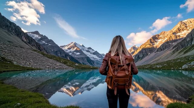 Hiker with backpack overlooking a serene alpine lake and snowcapped mountains