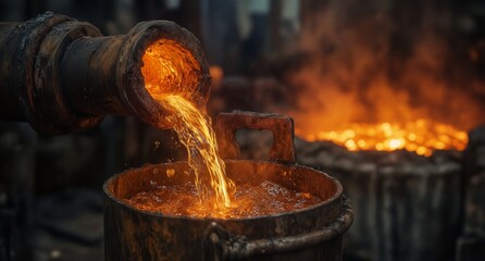 molten metal pouring from a pipe into a large cauldron with a fiery furnace in the background, concept for metallurgy, industrial production, or blacksmithing with dramatic lighting.