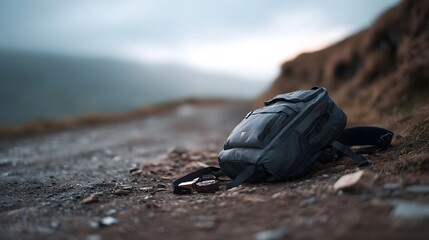 A weathered backpack rests on a rocky trail amidst a vast overcast mountain landscape suggesting a pause in a remote outdoor adventure