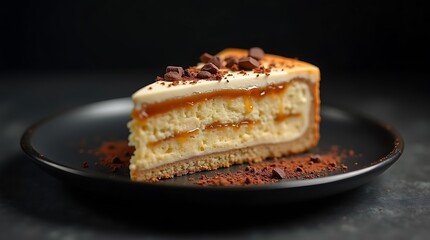 Ultra Realistic Slice of Banoffee Cake with Banana and Caramel on Black Plate