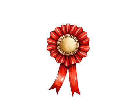 A bright red rosette award ribbon with a golden center, perfect for recognizing achievements and adding a touch of elegance to any occasion watercolor painting