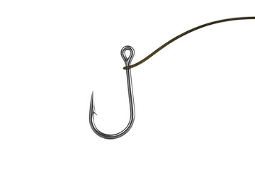 Sharp fishing hook tied to fishing line isolated on transparent background