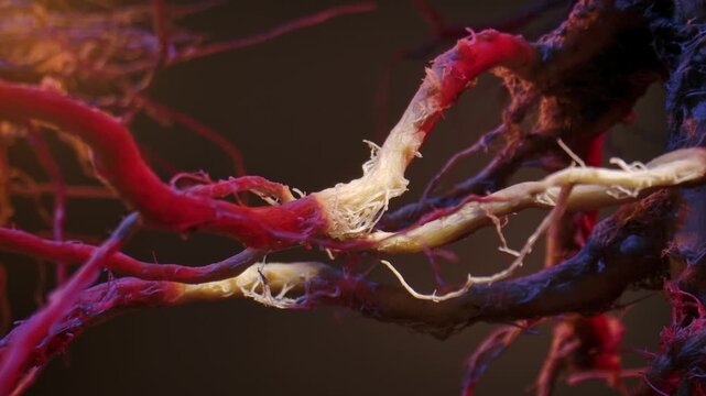 Macro shot of complex plant roots illuminated with red and blue lighting creating a surreal effect.