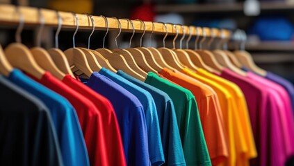 Obraz premium A vibrant display of colorful t-shirts hanging on wooden hangers, showcasing a variety of hues in a retail setting.