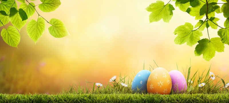 Seven painted easter eggs celebrating a Happy Easter on a spring day with a green grass meadow, bright sunlight, tree leaves and a warm coloured background with copy space.