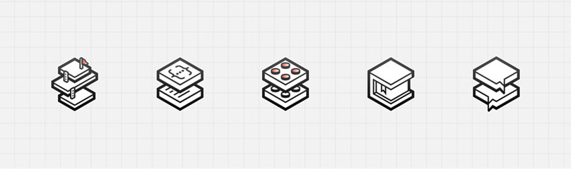 Isometric stack icons. Scalable digital infrastructure architecture, data layers, development workflows and modular systems. Technology startup, software presentations, cloud platform. UI UX branding 