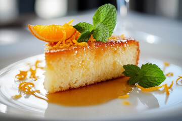 Close-up of a beautifully plated slice of orange semolina cake drizzled with syrup, garnished with fresh mint leaves and orange zest, Mediterranean dessert