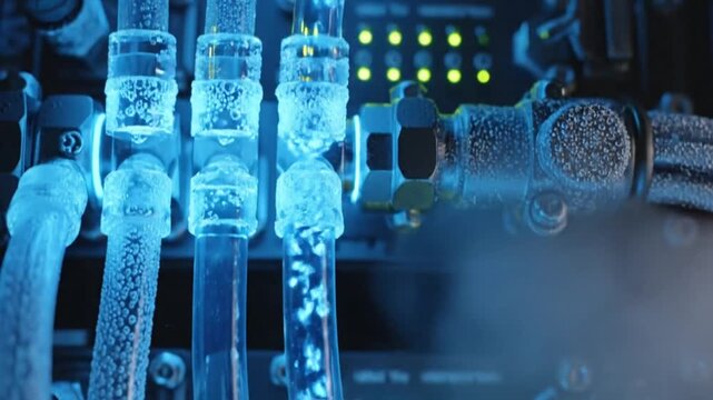 Frozen liquid circulating through clear tubing with cold condensation, glowing network fiber optic tubing and illuminated conduit around server racks