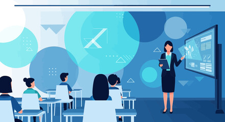 Fototapeta premium A modern classroom setting illustration with a teacher leading a presentation and students