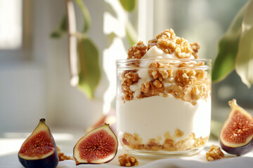 Fresh Mediterranean Greek yogurt with honey, walnuts, and figs, served in a glass bowl in a clean, light composition