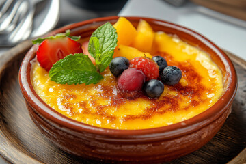 Traditional Catalan crema catalana with a caramelized sugar crust, served in a clay dish with fresh fruit and mint leaves, Mediterranean dessert