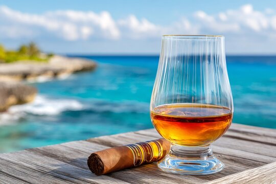 Enjoying whiskey and cigar on tropical ocean vacation