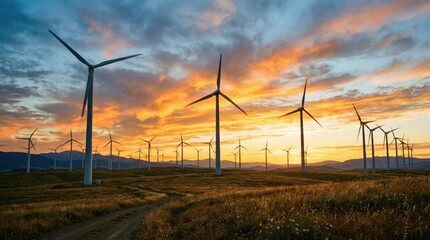 Obraz premium Wind turbines at sunset, renewable energy farm, power generation, sustainable future
