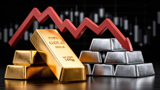 Gold and silver bars with red arrow showing market decline