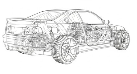 Automotive Engineering Blueprint Wireframe of a Sports Car.