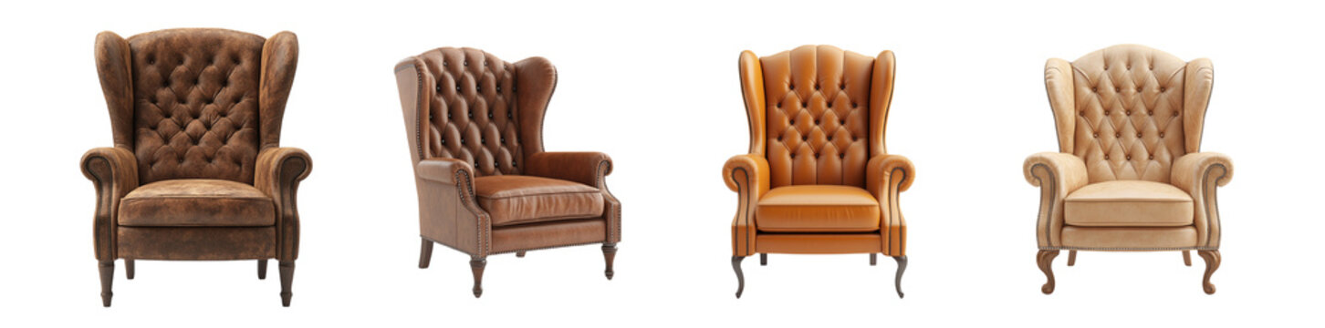 Set of leather wing chairs on transparent background